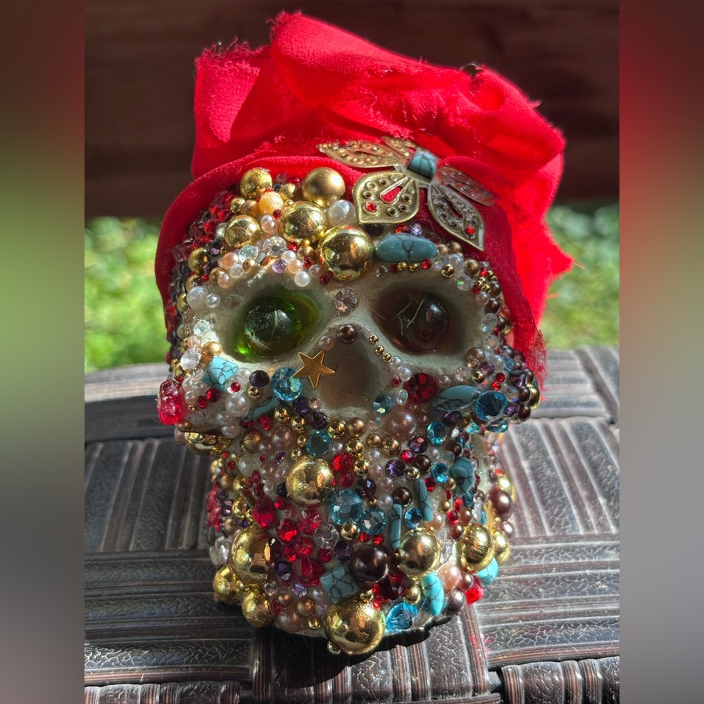 Colorful Beaded Skull Decor with Red Accents